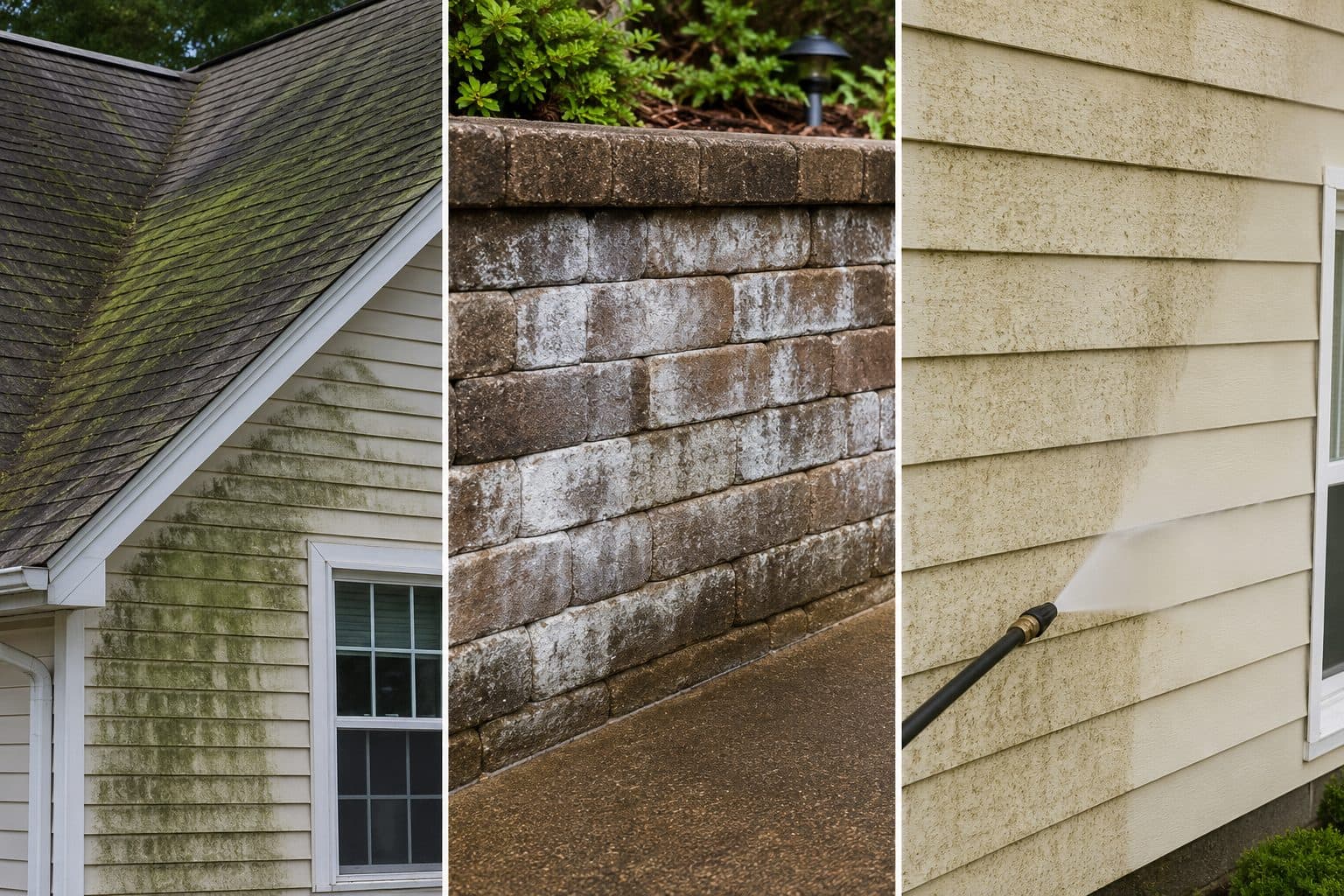 Side-by-side comparison of algae streaks on a roof, efflorescence on a block retaining wall, and pressure washing dirty vinyl siding