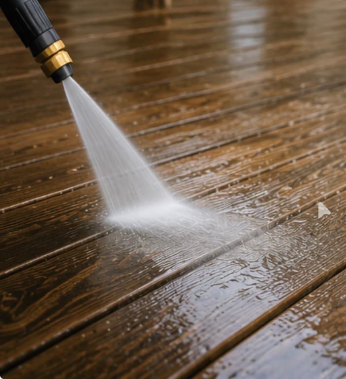 Pressure washing a wood deck, restoring the natural wood tone