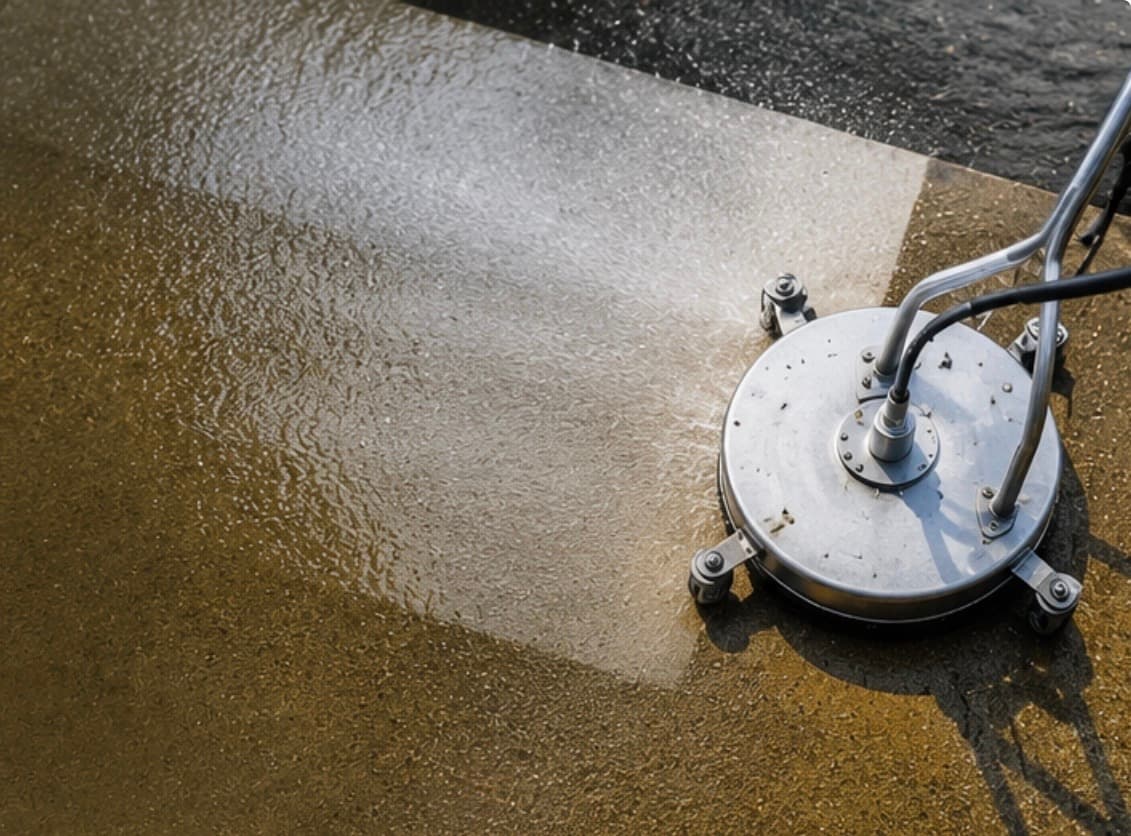 Surface cleaner attachment pressure washing a concrete driveway