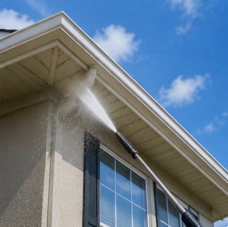 Pressure washing spraying up into a gutter and soffit corner